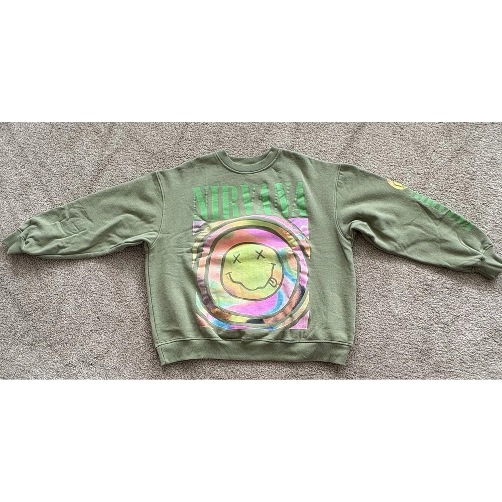Nirvana Sweatshirt Large Green‎ Crewneck Smiley Face Graphic Pullover Grunge
